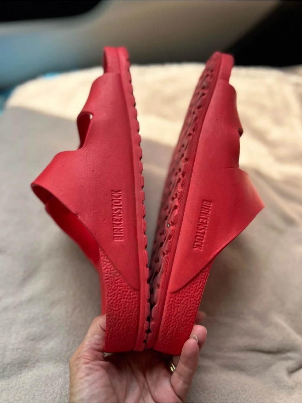 Mens Birkenstock Arizona EVA is Red Dual-Buckle Slide Sandals size 9 / ladies 11